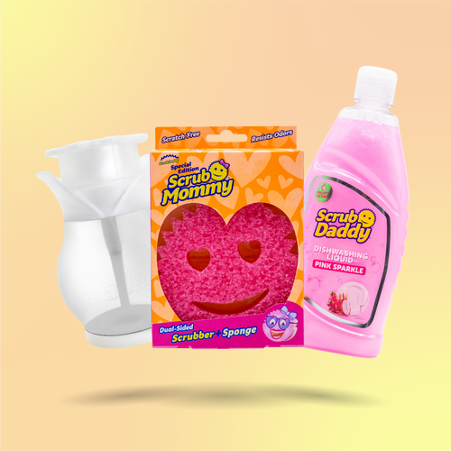 Scrub Daddy Čisto ružová sada na umývanie riadu s dávkovačom prostriedku na riad, hubkou Scrub Mommy a prostriedkom na umývanie riadu Scrub Daddy Pink Sparkle